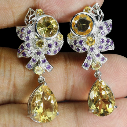 Elegant 14k White Gold Plated 925 Silver Citrine &amp; Amethyst Drop Earrings