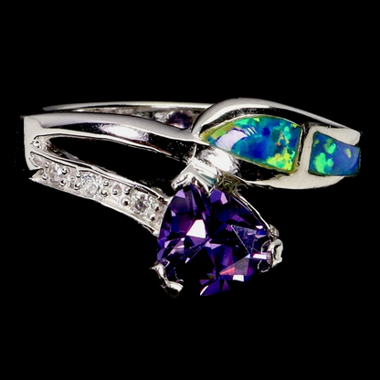 Trillion Amethyst &amp; Blue Fire Opal Inlay 925 Sterling Silver Ring