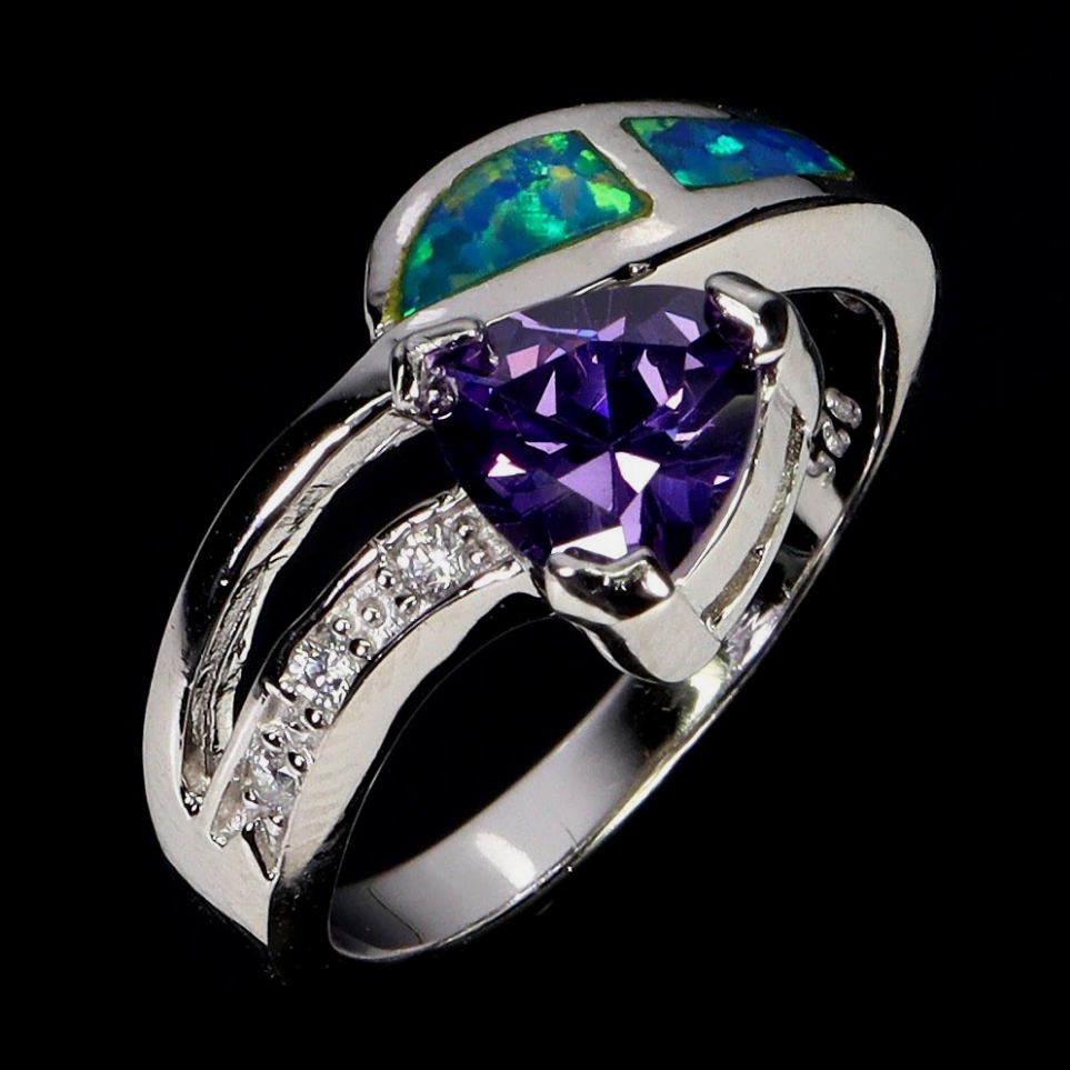Trillion Amethyst &amp; Blue Fire Opal Inlay 925 Sterling Silver Ring