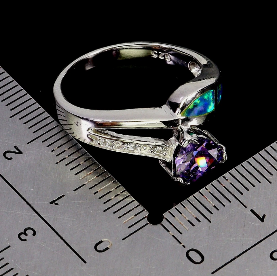 Trillion Amethyst &amp; Blue Fire Opal Inlay 925 Sterling Silver Ring