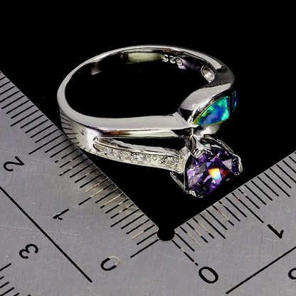 Trillion Amethyst &amp; Blue Fire Opal Inlay 925 Sterling Silver Ring