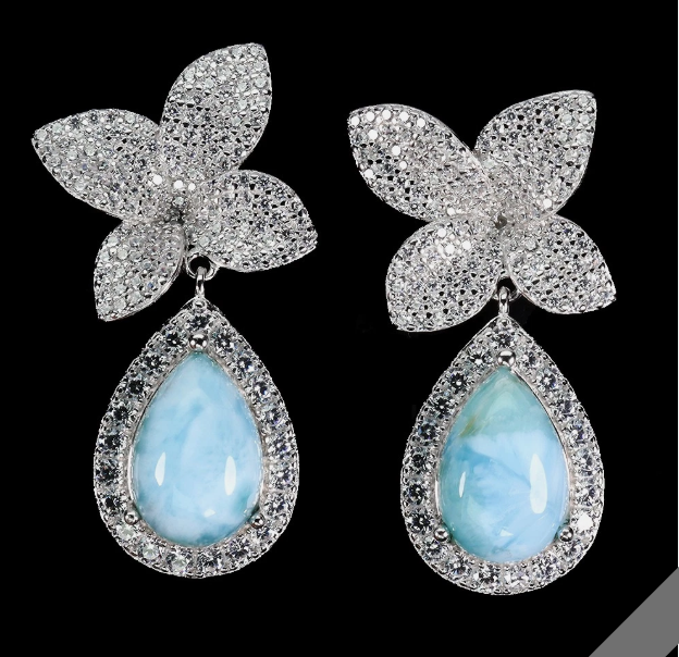 NEW Natural Dominican Larimar 925 Silver Pendant Earrings Set 14K WG Plated