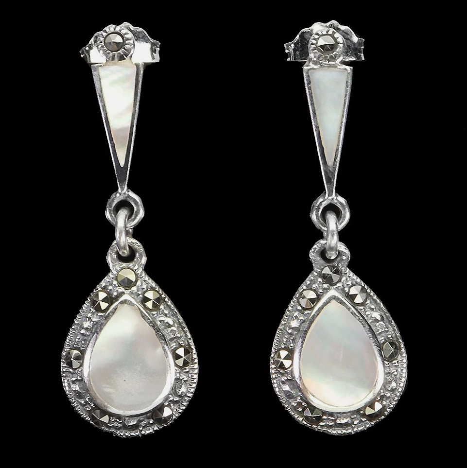 Art Deco 925 Sterling Silver Mother of Pearl & Marcasite Drop Earrings