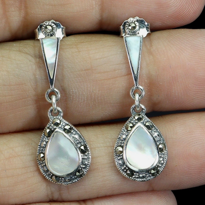 Art Deco 925 Sterling Silver Mother of Pearl & Marcasite Drop Earrings