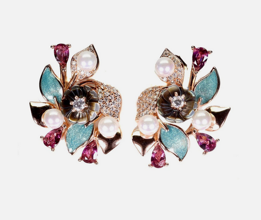 925 Sterling Silver Floral Cluster Earrings – Pink Rhodolite Garnet, Pearl & Mother of Pearl