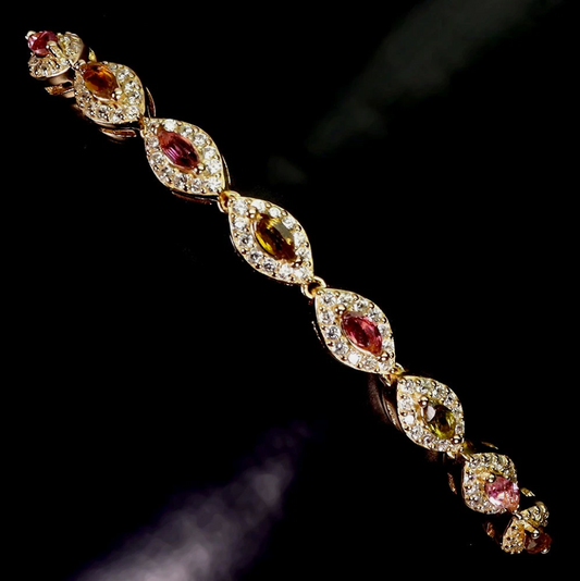 Stunning 14k Gold Plated Multi-Tourmaline & CZ Bracelet (7.5")