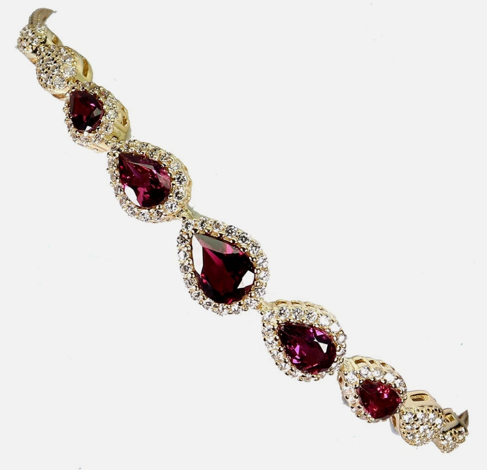 Natural Pink Rhodolite Garnet Teardrop Bracelet 14K Gold Plated 925 Sterling Silver Halo