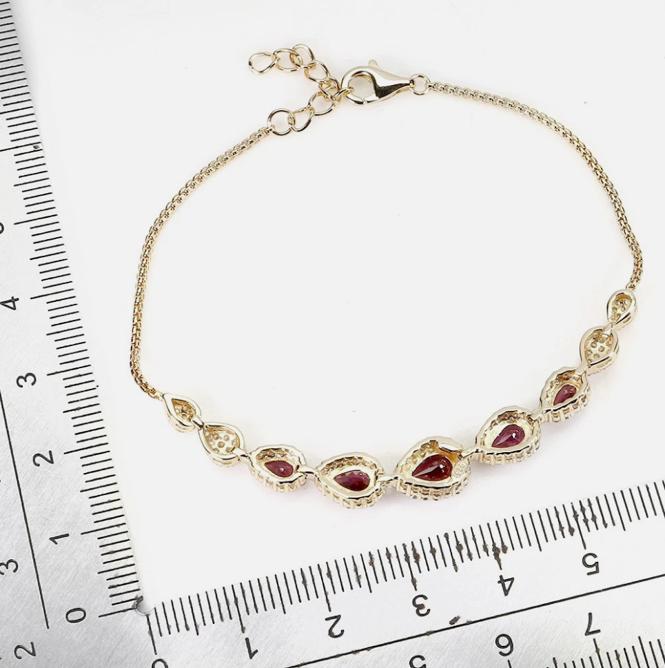Natural Pink Rhodolite Garnet Teardrop Bracelet 14K Gold Plated 925 Sterling Silver Halo