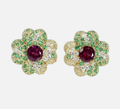 Stunning 14k Gold Plated 925 Silver Rhodolite Garnet Flower Studs