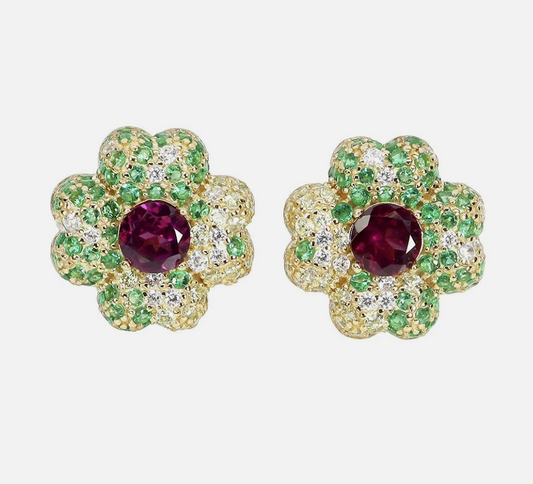 Stunning 14k Gold Plated 925 Silver Rhodolite Garnet Flower Studs