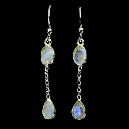 Elegant Triple-Drop Natural Moonstone Earrings – 925 Sterling Silver