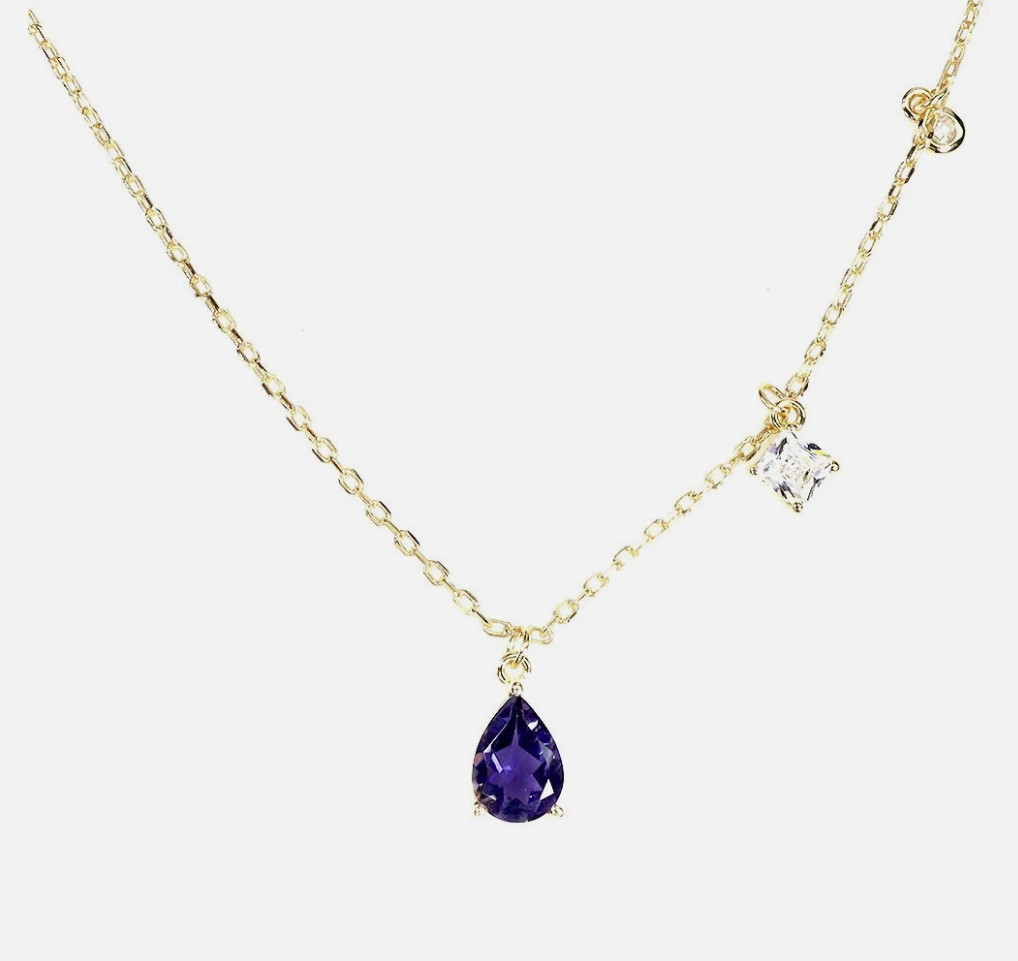 Natural Iolite Pear Drop Necklace – 14k Gold Plated 925 Sterling Silver Asymmetric Chain – Genuine Blue Gemstone Dainty Necklace