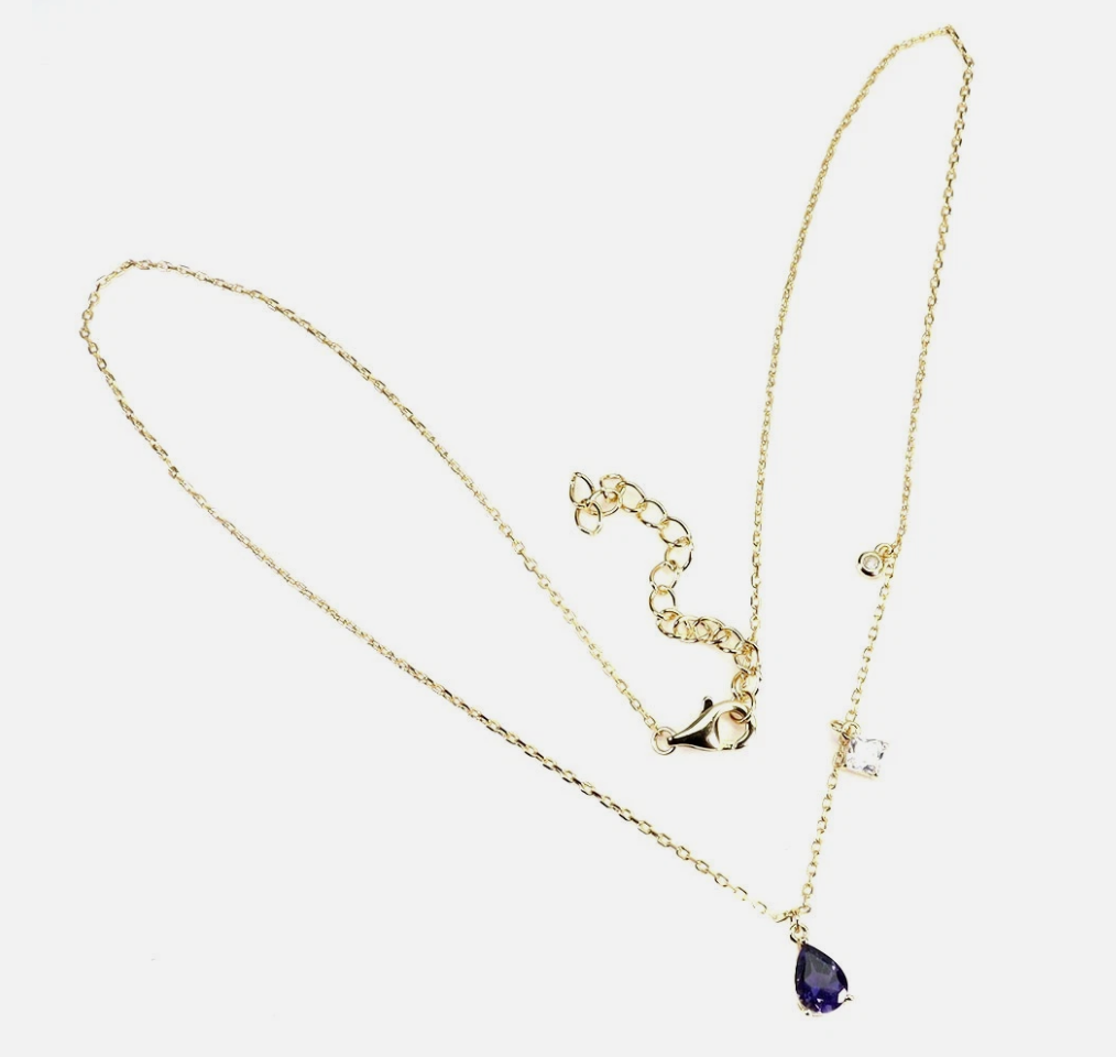 Natural Iolite Pear Drop Necklace – 14k Gold Plated 925 Sterling Silver Asymmetric Chain – Genuine Blue Gemstone Dainty Necklace