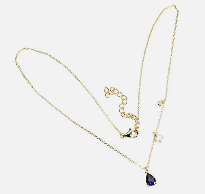 Natural Iolite Pear Drop Necklace – 14k Gold Plated 925 Sterling Silver Asymmetric Chain – Genuine Blue Gemstone Dainty Necklace