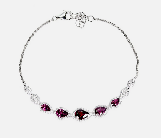 Stunning Natural Rhodolite Garnet & 14k White Gold Plated Sterling Silver Bracelet (US Size 6.5)