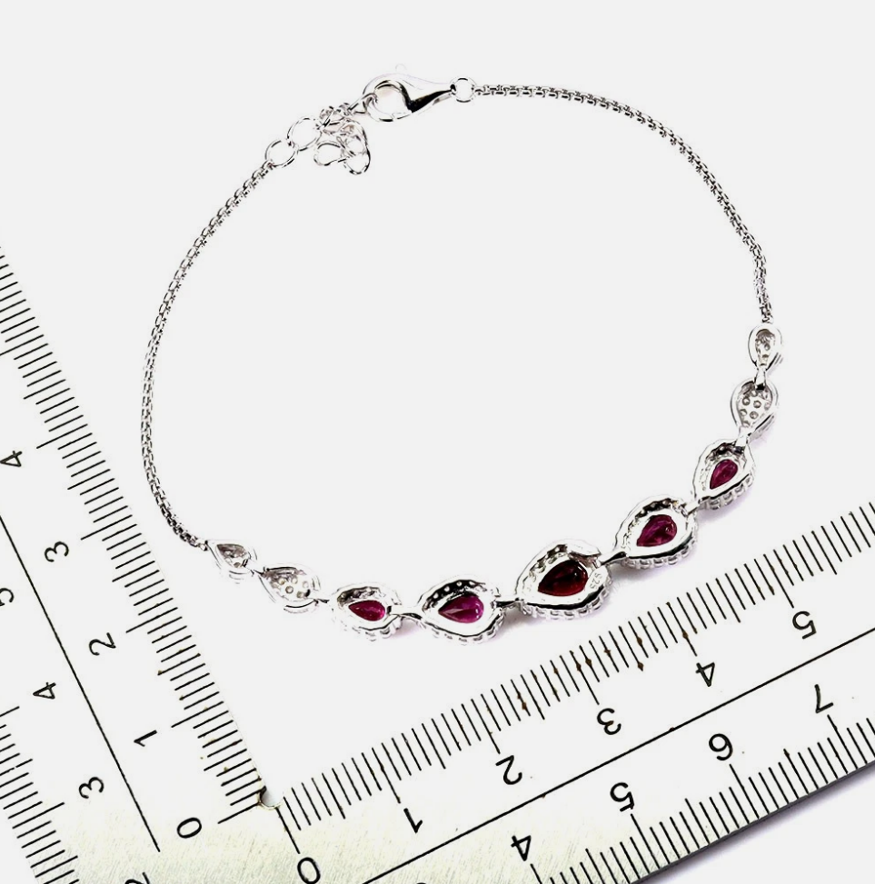 Stunning Natural Rhodolite Garnet & 14k White Gold Plated Sterling Silver Bracelet (US Size 6.5)