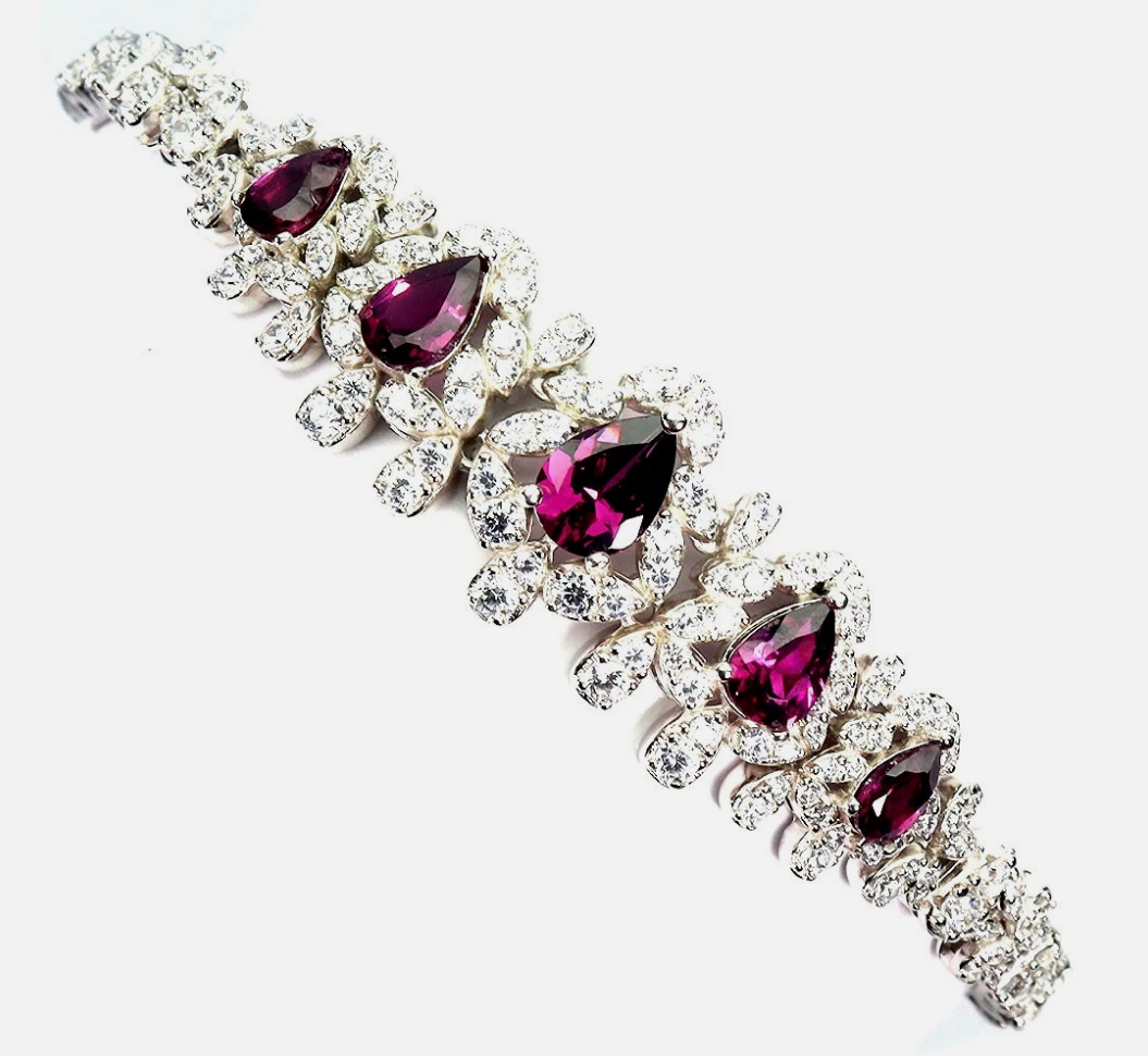 Stunning Natural Rhodolite Garnet Statement Bracelet – 925 Sterling Silver (14K White Gold Plated)