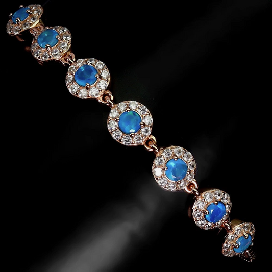 Blue Opal Halo Bracelet & 14k White Gold Plated Sterling Silver Bracelet (US Size 6.5)