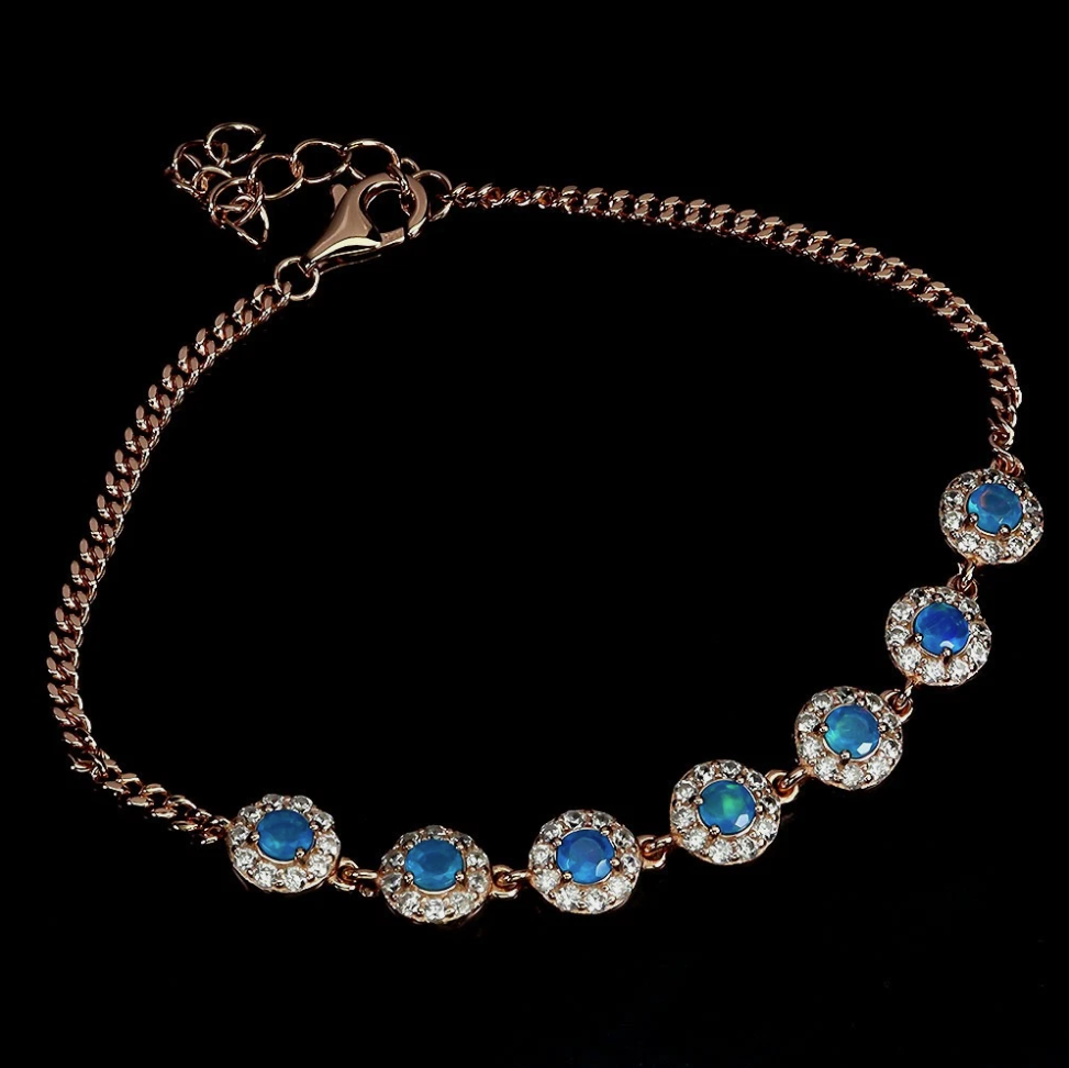 Blue Opal Halo Bracelet & 14k White Gold Plated Sterling Silver Bracelet (US Size 6.5)