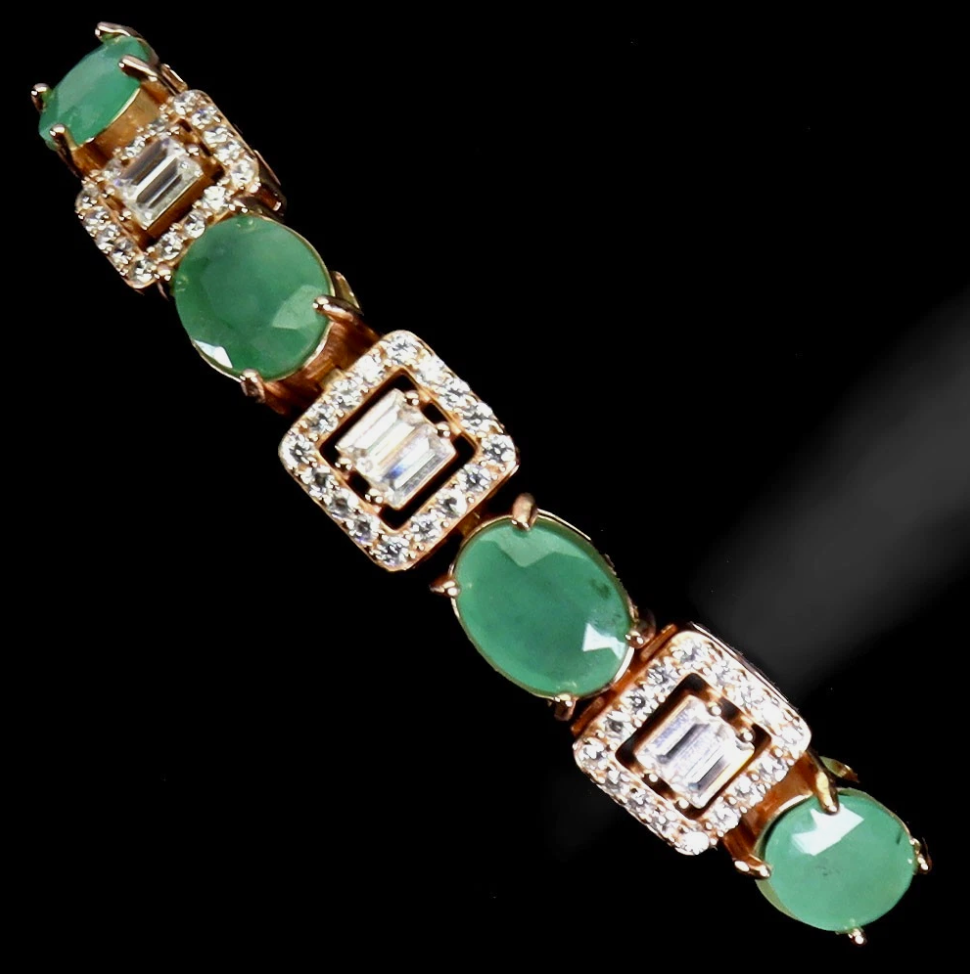 Natural Green Emerald Link Bracelet 14k Rose Gold Over 925 Sterling Silver – Size 7