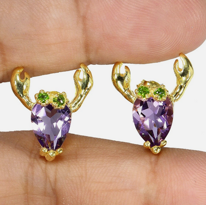 Whimsical Amethyst &amp; Chrome Diopside Crab Stud Earrings (14k Gold over 925 Silver)