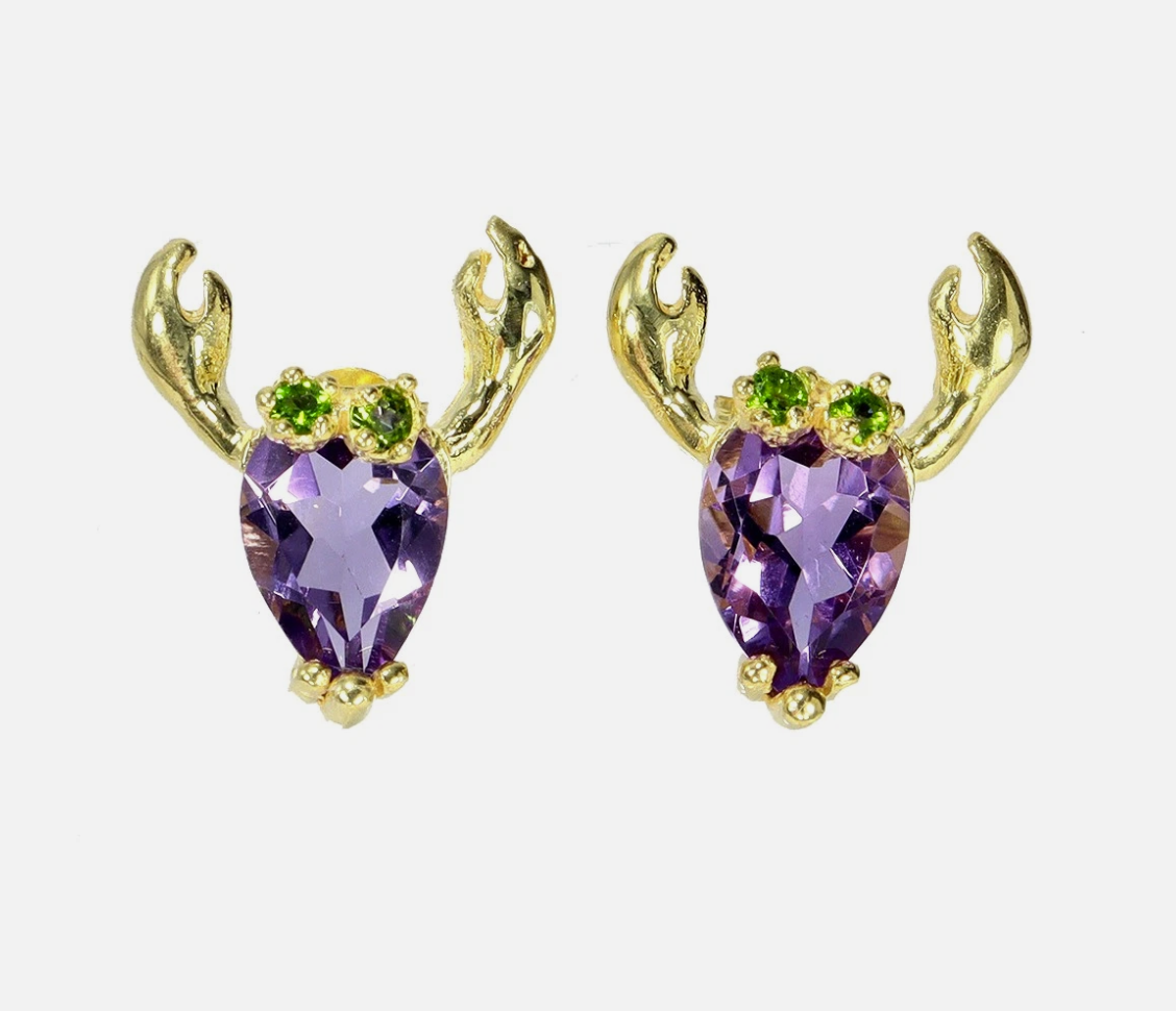 Whimsical Amethyst &amp; Chrome Diopside Crab Stud Earrings (14k Gold over 925 Silver)