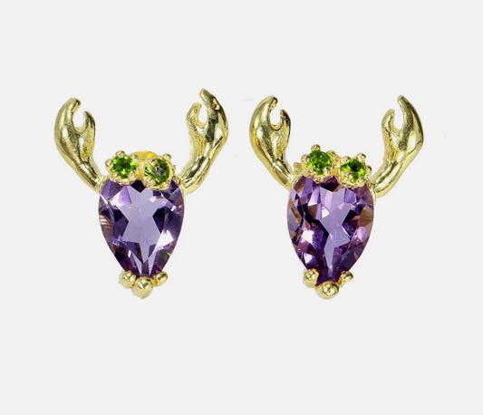 Whimsical Amethyst &amp; Chrome Diopside Crab Stud Earrings (14k Gold over 925 Silver)