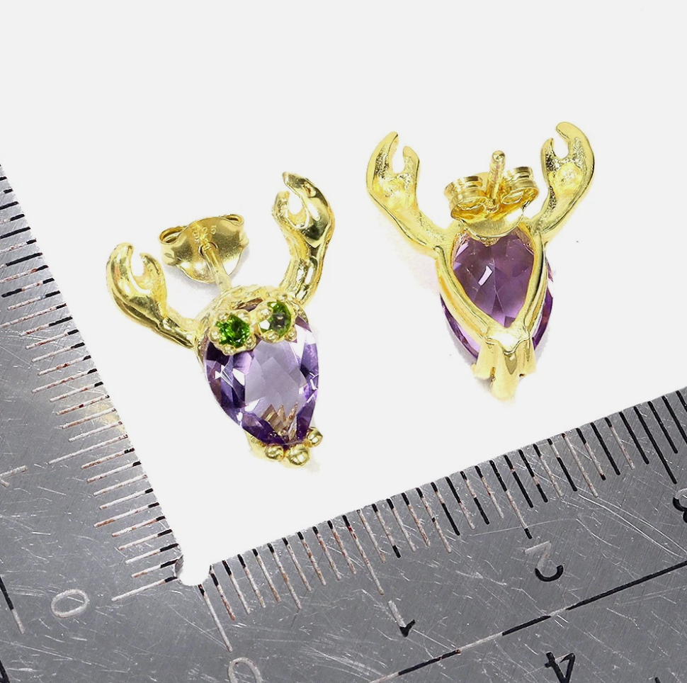 Whimsical Amethyst &amp; Chrome Diopside Crab Stud Earrings (14k Gold over 925 Silver)