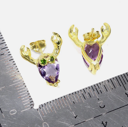 Whimsical Amethyst &amp; Chrome Diopside Crab Stud Earrings (14k Gold over 925 Silver)