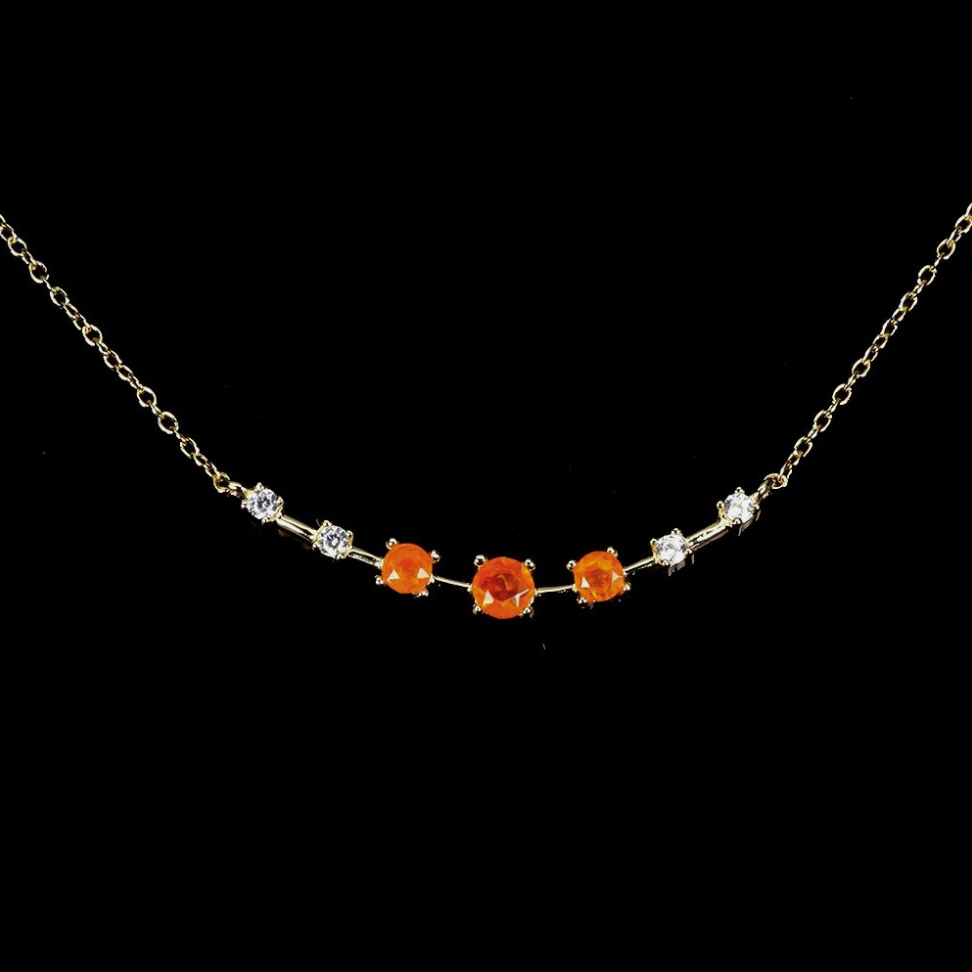 Stunning Natural Ethiopian Orange Fire Opal & CZ Bar Necklace (14k Gold over 925 Sterling Silver)