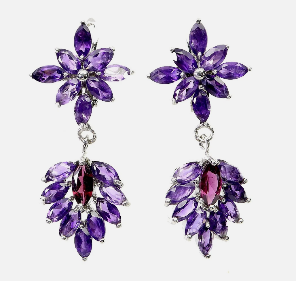 Captivating Marquise Rhodolite Garnet & Amethyst Gold Plated 925 Silver Drop Earrings