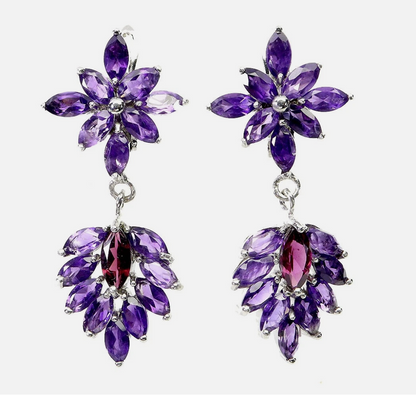 Captivating Marquise Rhodolite Garnet & Amethyst Gold Plated 925 Silver Drop Earrings