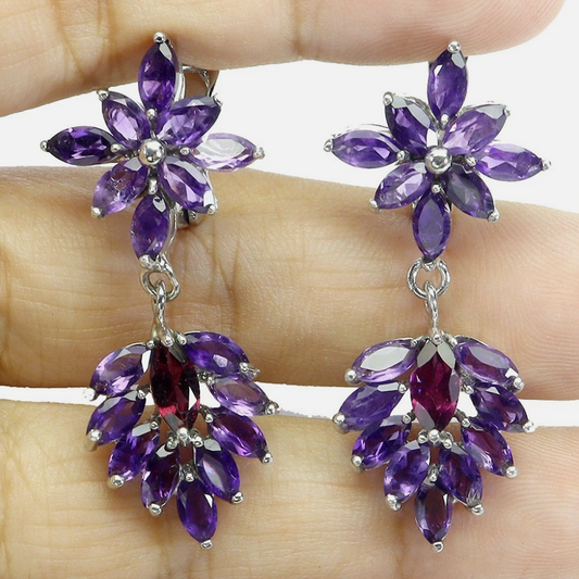 Captivating Marquise Rhodolite Garnet & Amethyst Gold Plated 925 Silver Drop Earrings
