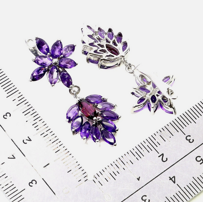 Captivating Marquise Rhodolite Garnet & Amethyst Gold Plated 925 Silver Drop Earrings