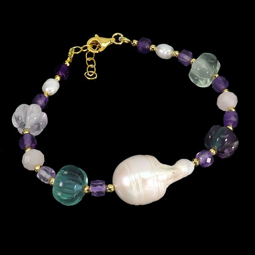 Natural Afghan Carved Fluorite & Baroque Pearl Bracelet 14K Gold Plated 925 Silver