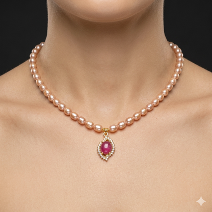 Natural Pink Freshwater Pearl Necklace Glass-Filled Ruby CZ Pendant 14K Gold 925 Silver