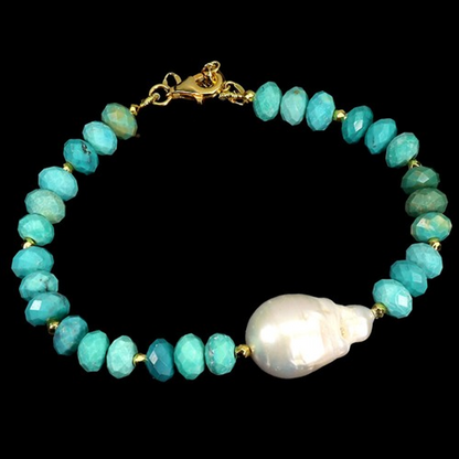 Natural USA Stabilized Turquoise & Baroque Pearl Bracelet 14K Gold Plated 925 Silver