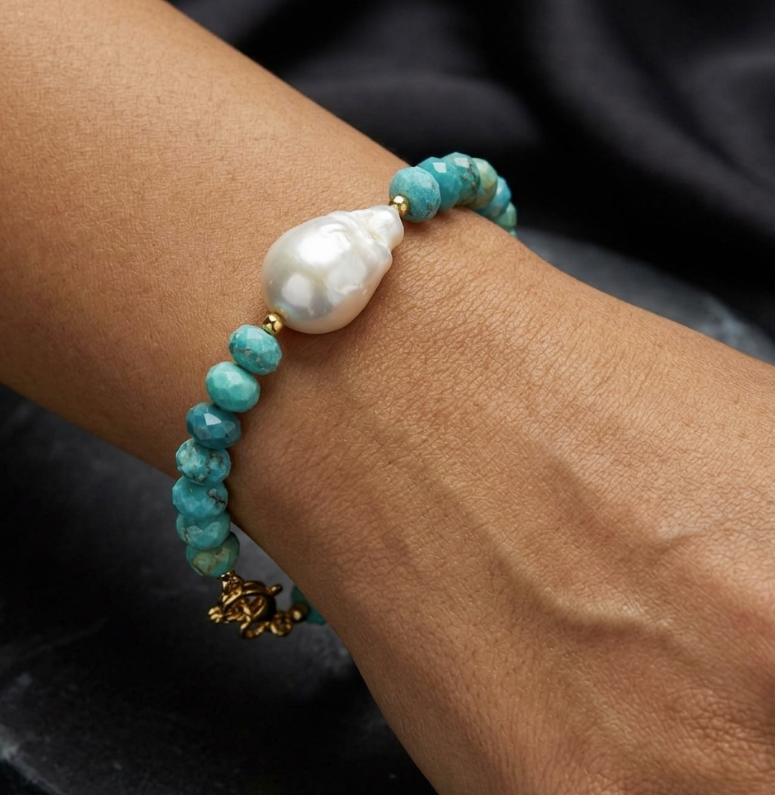 Natural USA Stabilized Turquoise & Baroque Pearl Bracelet 14K Gold Plated 925 Silver