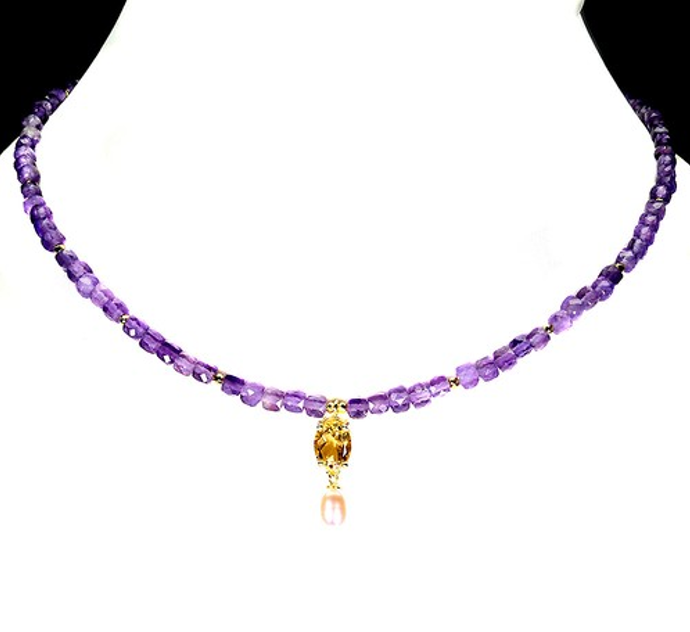Natural Brazilian Amethyst & Citrine 14K Gold Plated 925 Silver Pearl Necklace 19"