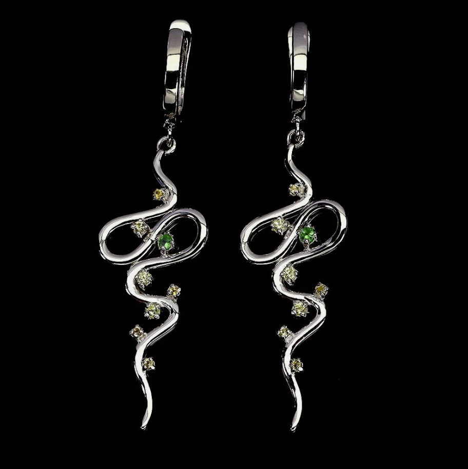Natural Kenyan Green Tsavorite Garnet & Sapphire Drop Earrings 14K White Gold 925 Silver