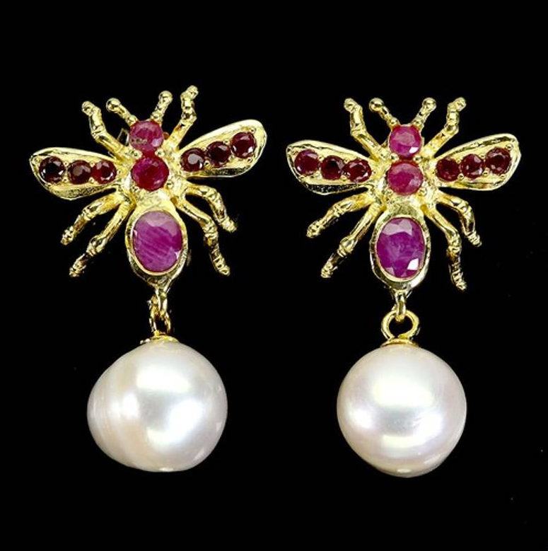 14K Yellow Gold Plated 925 Silver Myanmar Pearl Honeybee Ruby Earrings