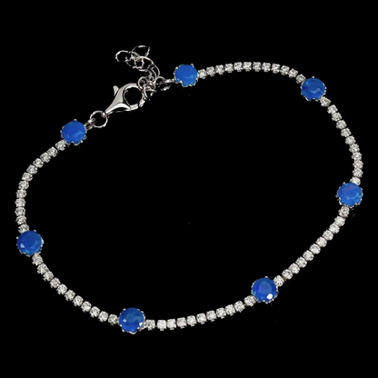 Natural Ethiopian Blue Opal Tennis Bracelet, 14K White Gold Plated 925 Sterling Silver, Round Cut Gemstone Bracelet with Sparkling CZ Accents