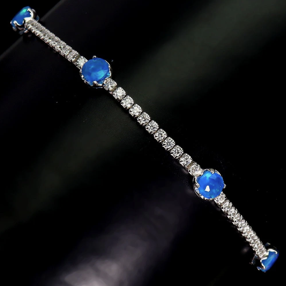 Natural Ethiopian Blue Opal Tennis Bracelet, 14K White Gold Plated 925 Sterling Silver, Round Cut Gemstone Bracelet with Sparkling CZ Accents