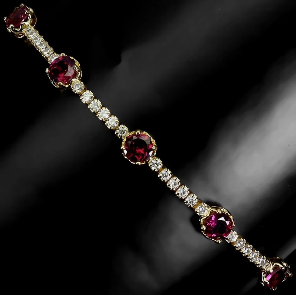 Natural Rhodolite Garnet Tennis Bracelet, 14K Gold Plated 925 Sterling Silver, Round Cut Gemstone Bracelet with Sparkling CZ Accents