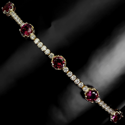Natural Rhodolite Garnet Tennis Bracelet, 14K Gold Plated 925 Sterling Silver, Round Cut Gemstone Bracelet with Sparkling CZ Accents