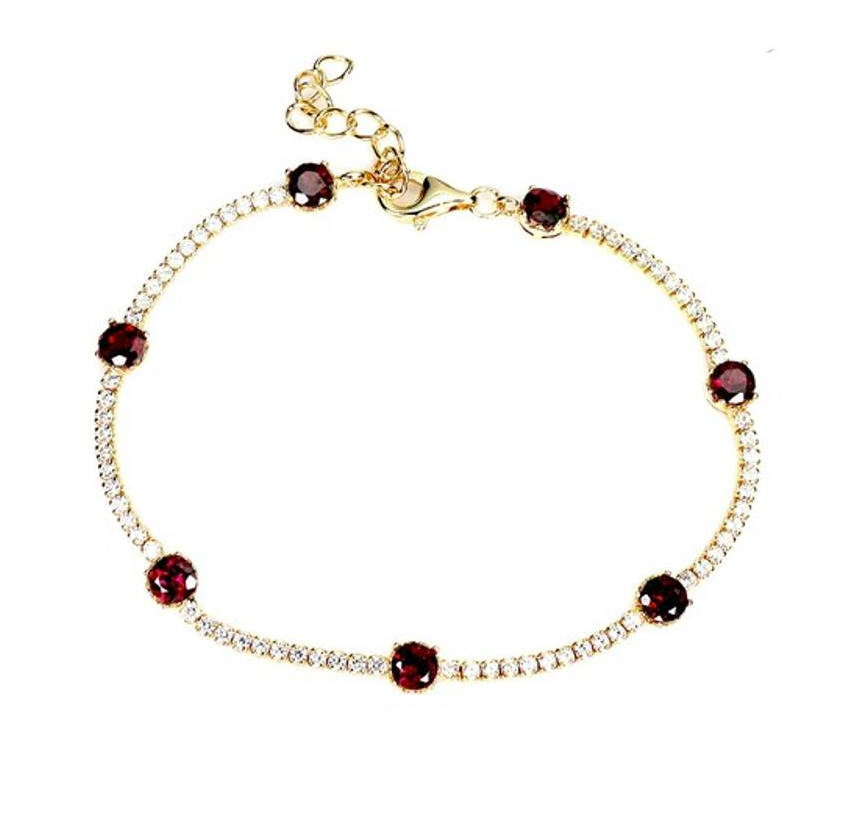 Natural Rhodolite Garnet Tennis Bracelet, 14K Gold Plated 925 Sterling Silver, Round Cut Gemstone Bracelet with Sparkling CZ Accents