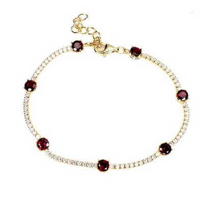Natural Rhodolite Garnet Tennis Bracelet, 14K Gold Plated 925 Sterling Silver, Round Cut Gemstone Bracelet with Sparkling CZ Accents