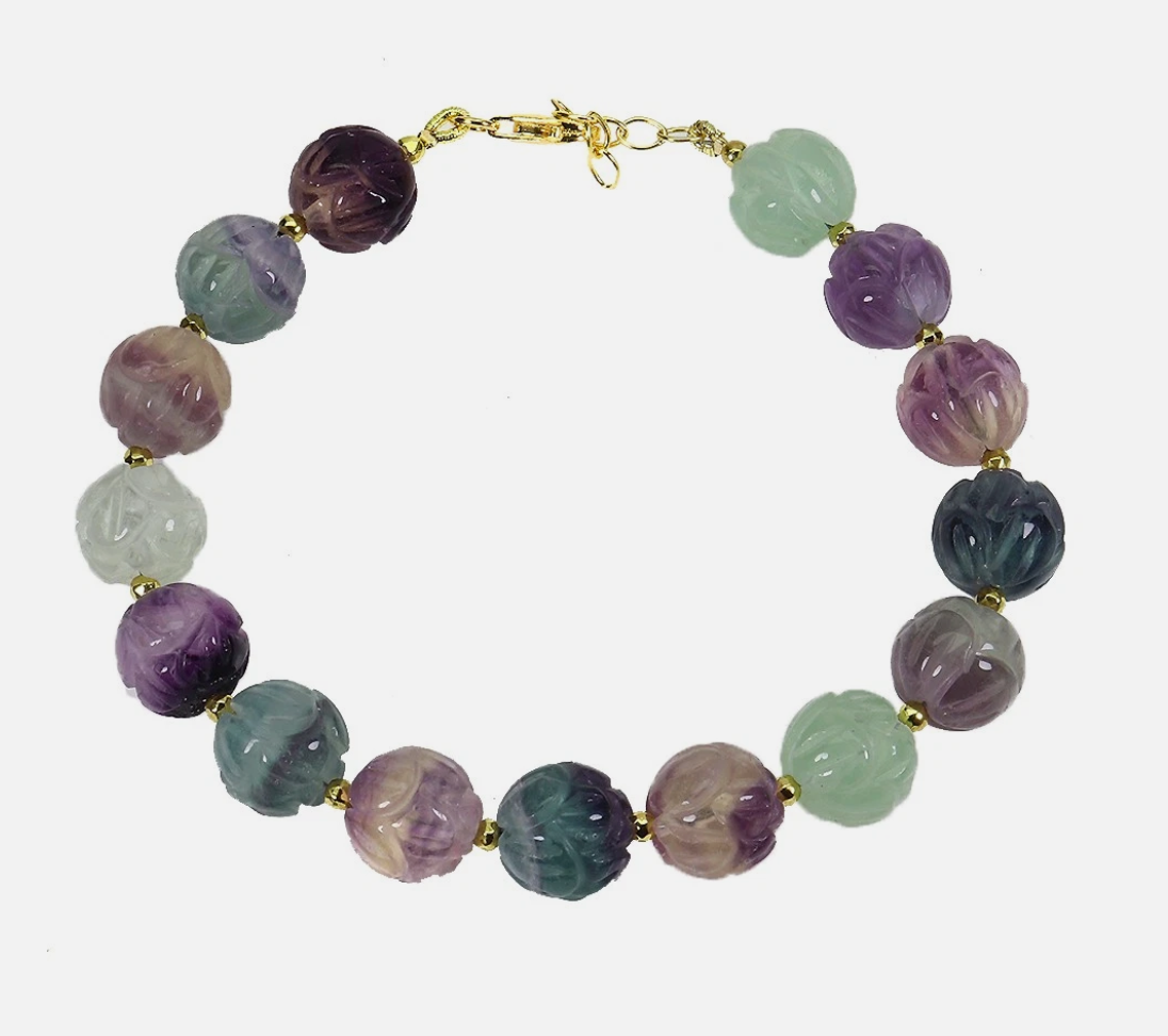 Natural Rainbow Fluorite Carved Flower Bracelet – 14k Gold Plated 925 Sterling Silver – Multi-Color Carved Gemstone Beads, Size 8