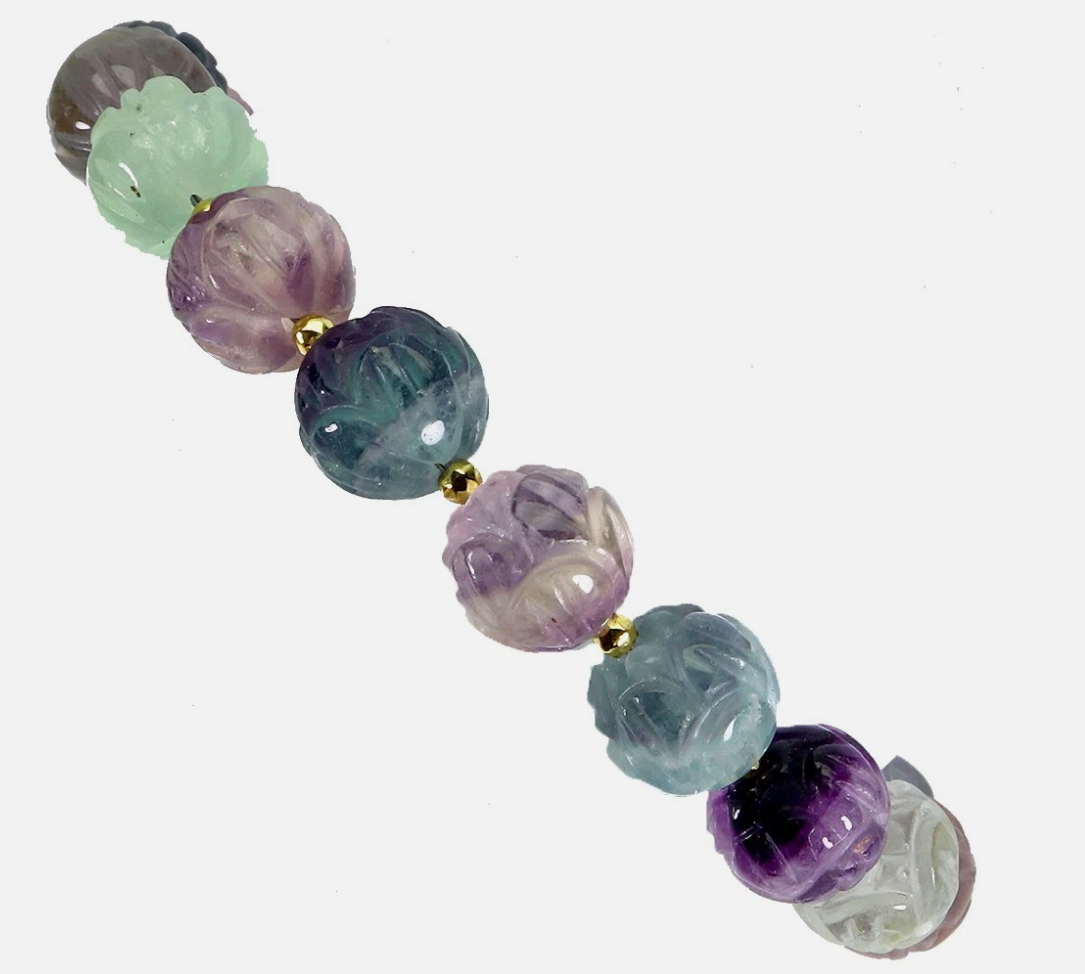 Natural Rainbow Fluorite Carved Flower Bracelet – 14k Gold Plated 925 Sterling Silver – Multi-Color Carved Gemstone Beads, Size 8