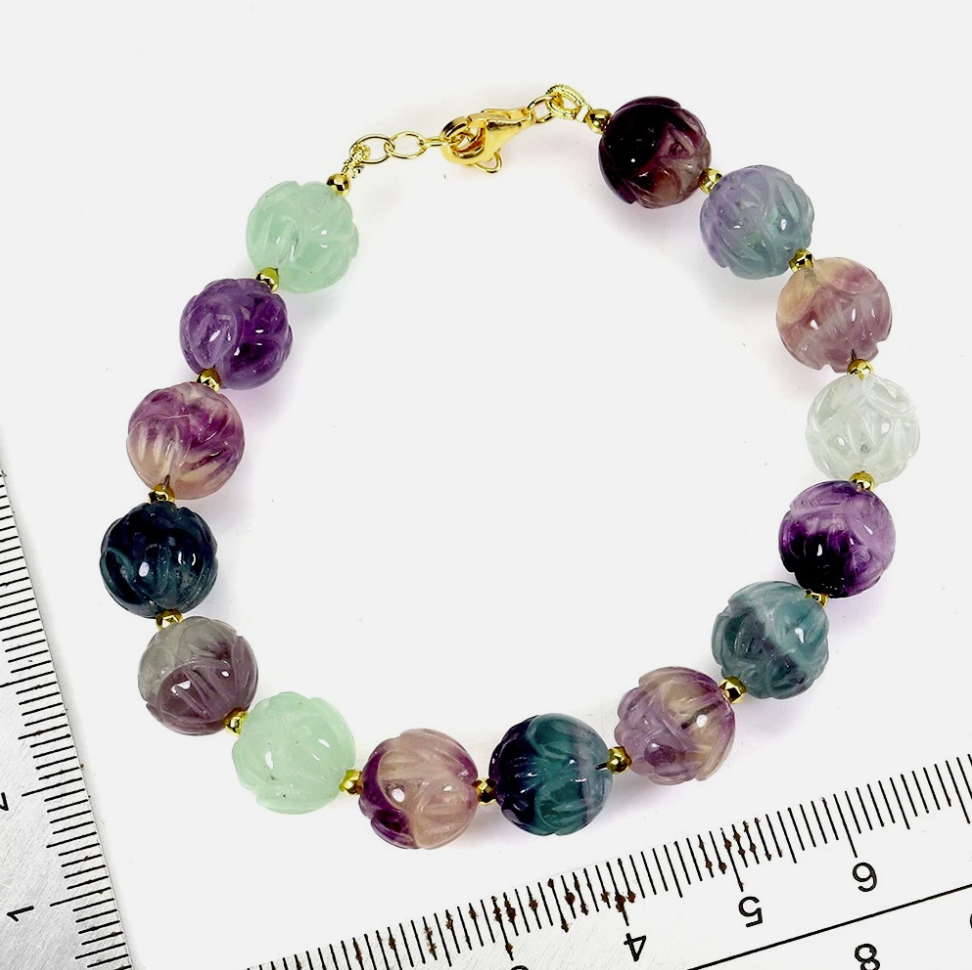 Natural Rainbow Fluorite Carved Flower Bracelet – 14k Gold Plated 925 Sterling Silver – Multi-Color Carved Gemstone Beads, Size 8